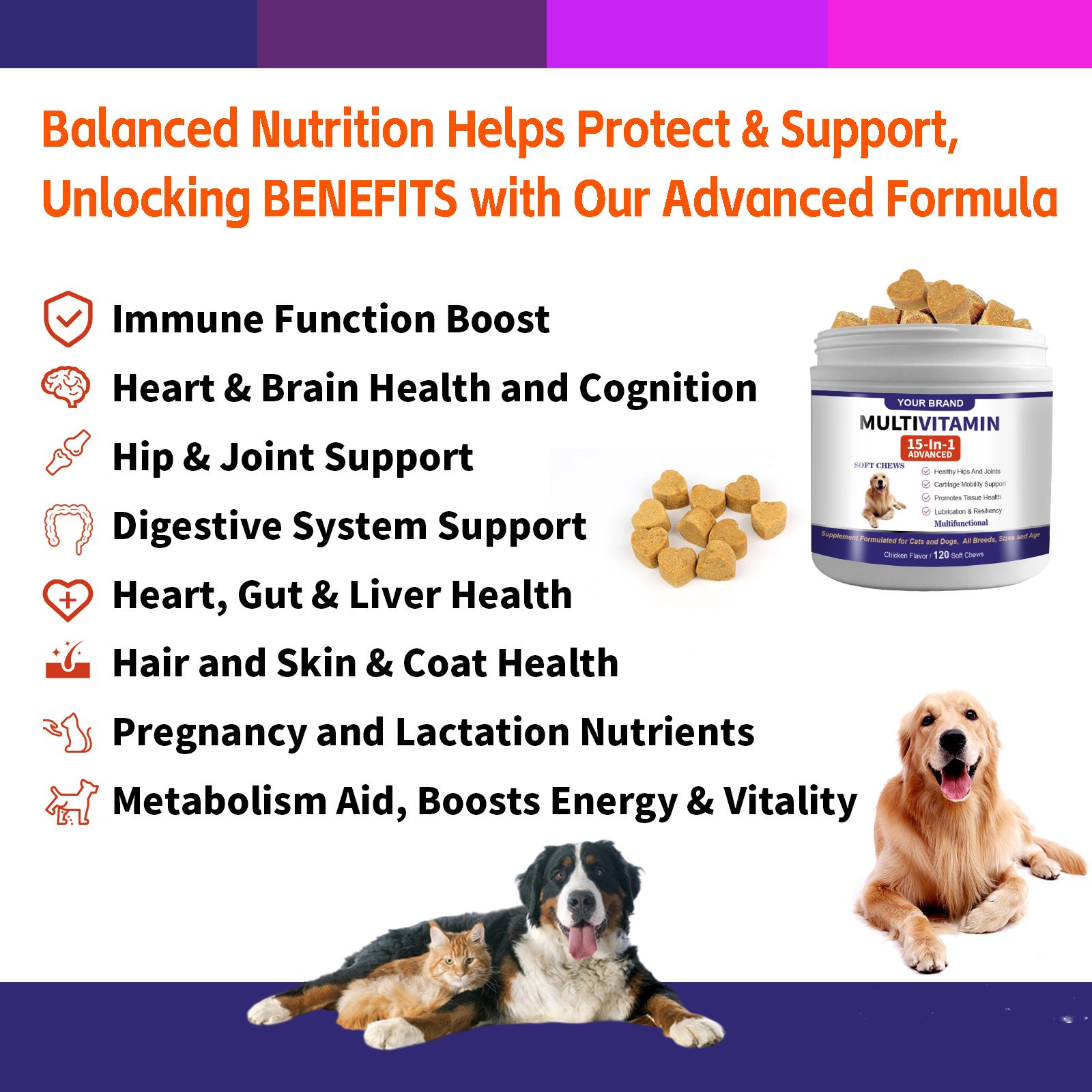 Pet Supplement Multivitamin 15-in-1 chews in chicken flavor combine a well-rounded blend of vitamins and supplements for supporting dogs’ overall daily health.