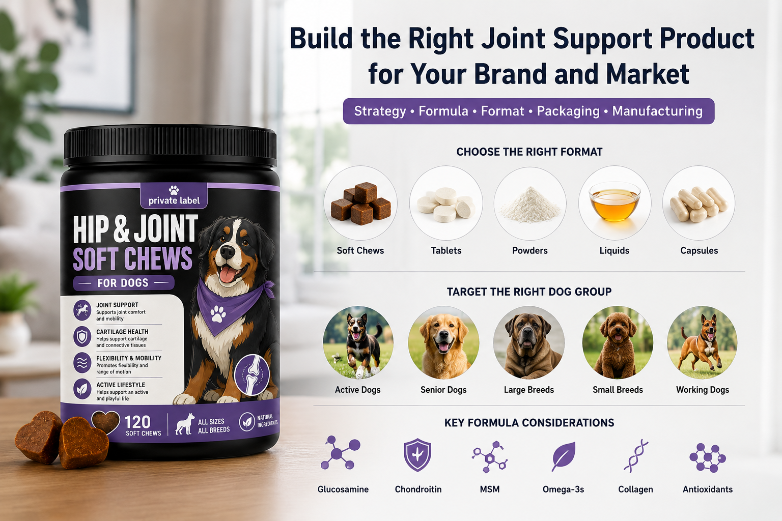 Private label joint support product strategy for dogs private label joint support product for dogs with supplement formats